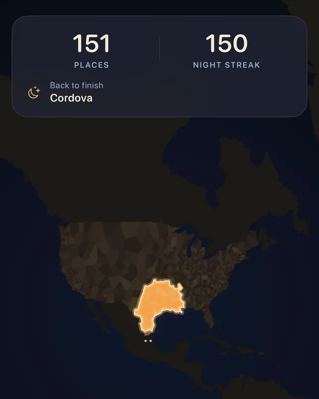 Sleep Map showing a night streak and the map claimed so far