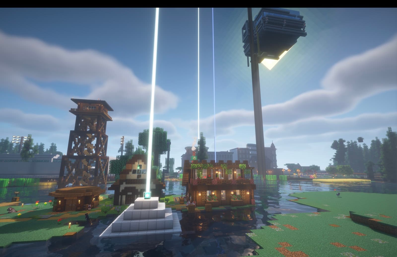 The Micoua metro — watchtowers and lantern-lit decks at the waterline.