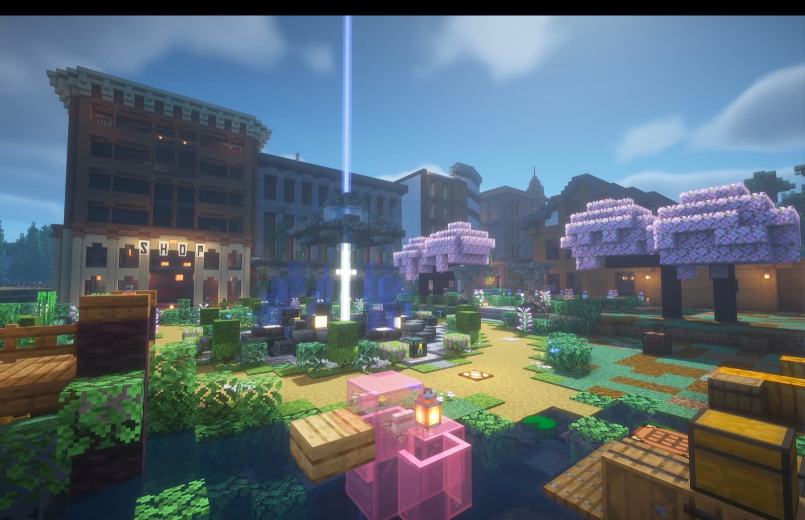 Shops and cherry trees around the square.