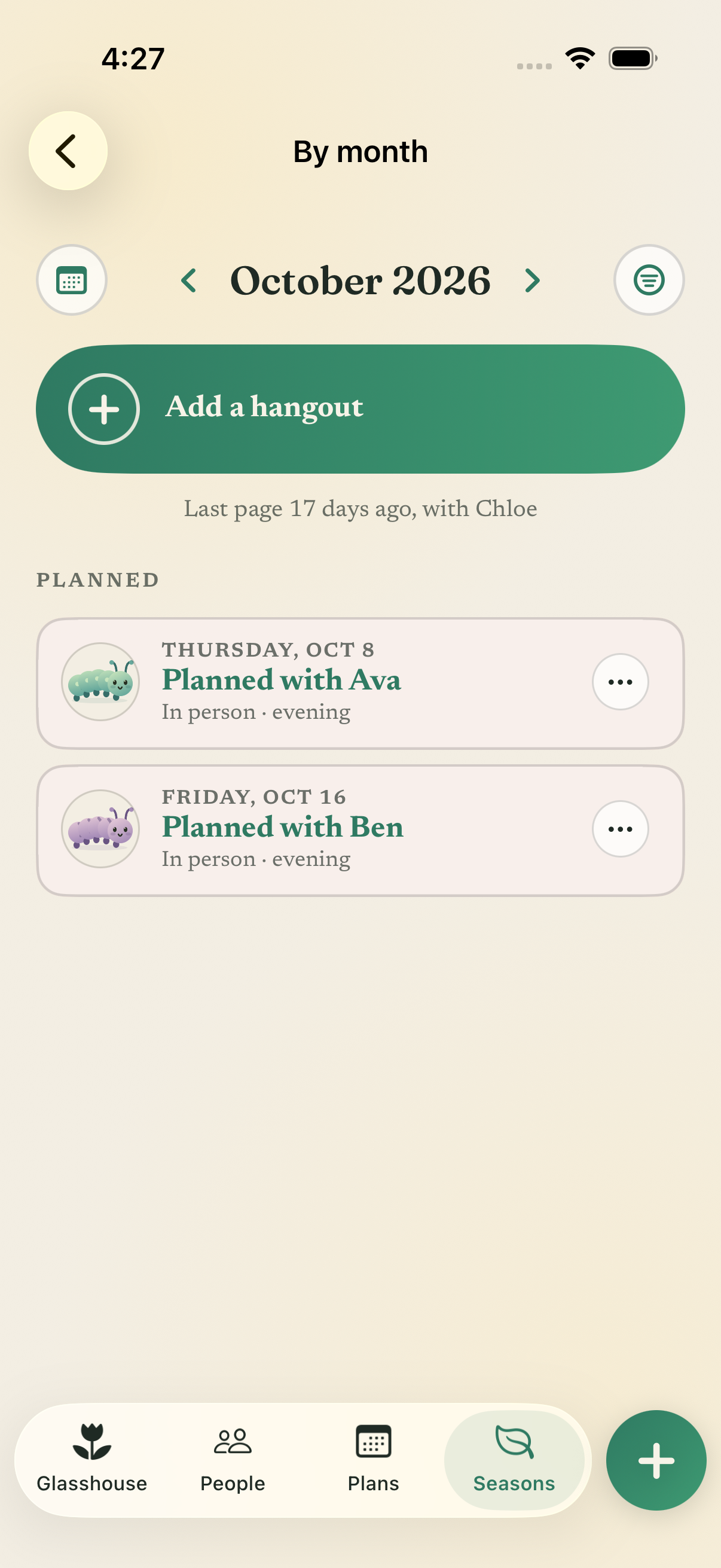 The month view shows October and two future hangout plans with demo people Ava and Ben.