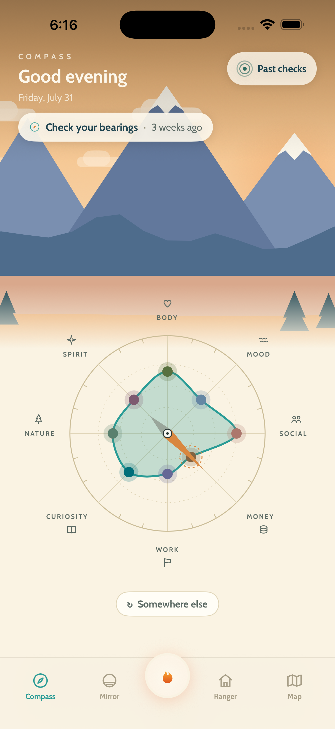 Compass's home screen — a painted valley above a compass rose showing eight directions